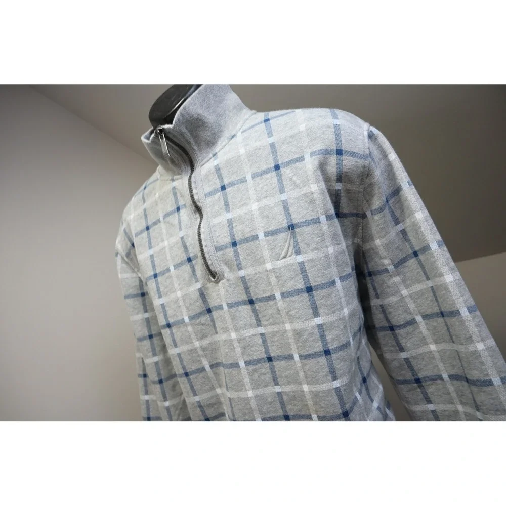 Nautica 1/4 Zip Pullover Mens XL Grey Blue Plaid Fleece Sweatshirt Excellent